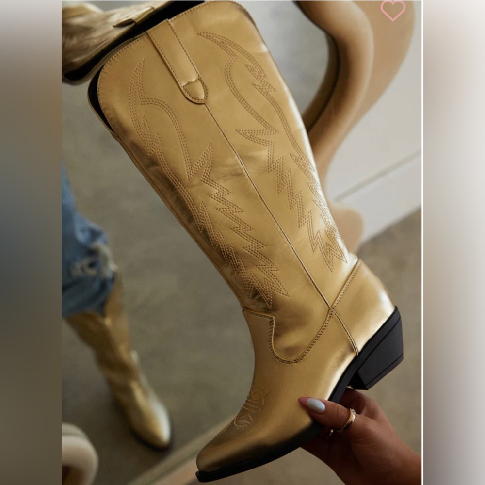 Gold Metallic Tall Cowgirl Boots, Size 6 - Picture 3 of 5